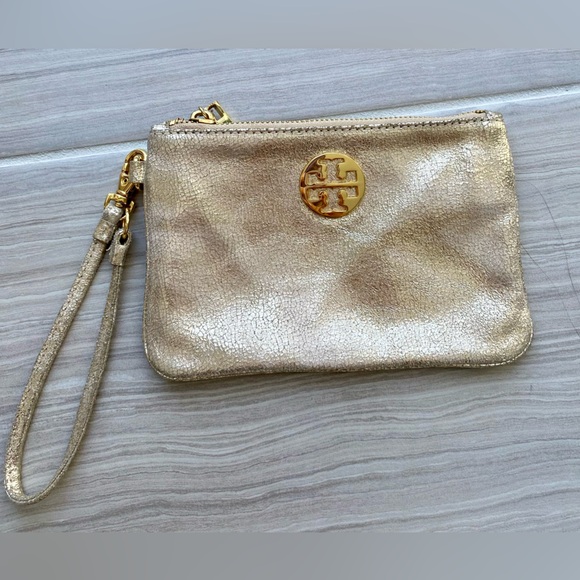 Tory Burch Metallic distressed Gold leather wristlet. - Picture 2 of 9